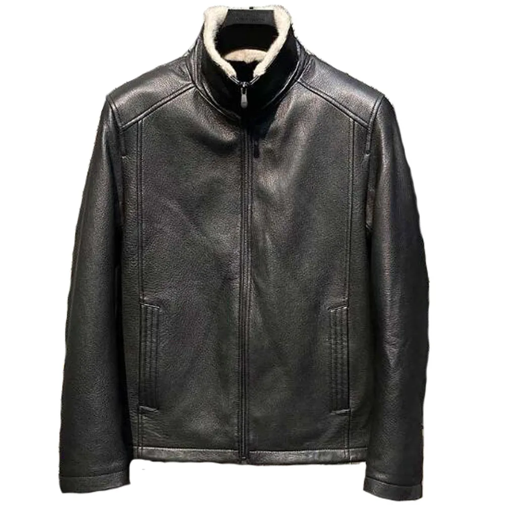 

Denny&Dora Mens Black Shearling Jacket Short Sheepskin Coat For Men Aviator Leather Jacket