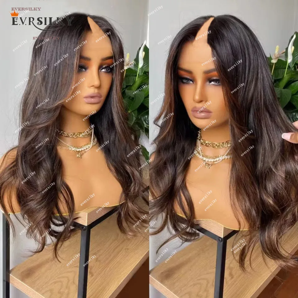 Highlight Chocolate Brown Body Wave V Part Wigs Chestnut Ash Blonde Loose Wave U Part Wig 100% Human Hair 200Density Full End