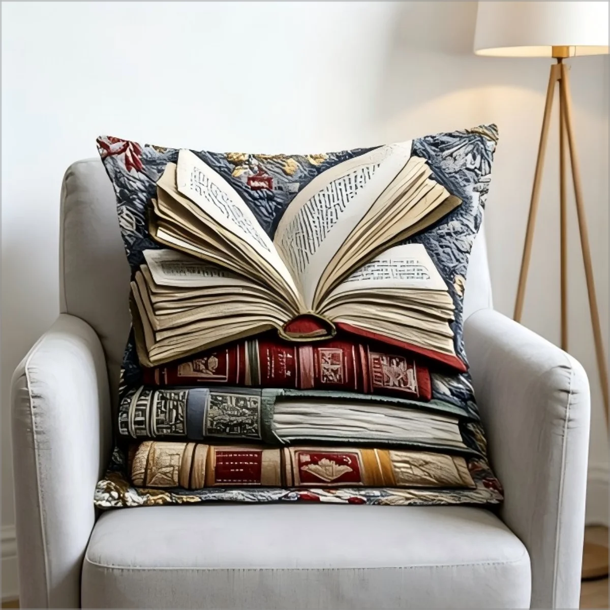 Doppelseitiger Vintage-Kissenbezug mit gestapelten Büchern, 2D-Effekt-Druck, dekorativer Kissenbezug für die Inneneinrichtung