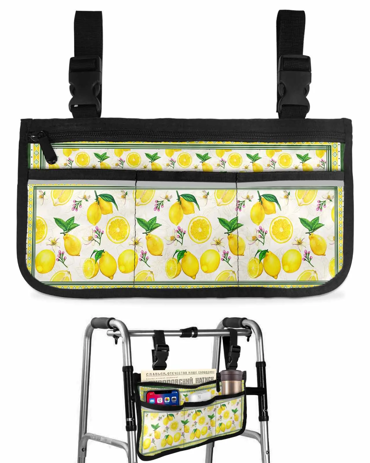 Summer Idyllic Fruit Lemon Green Wheelchair Bag With Pockets Armrest Side Bags Electric Scooter Walking Frame Storage Pouch