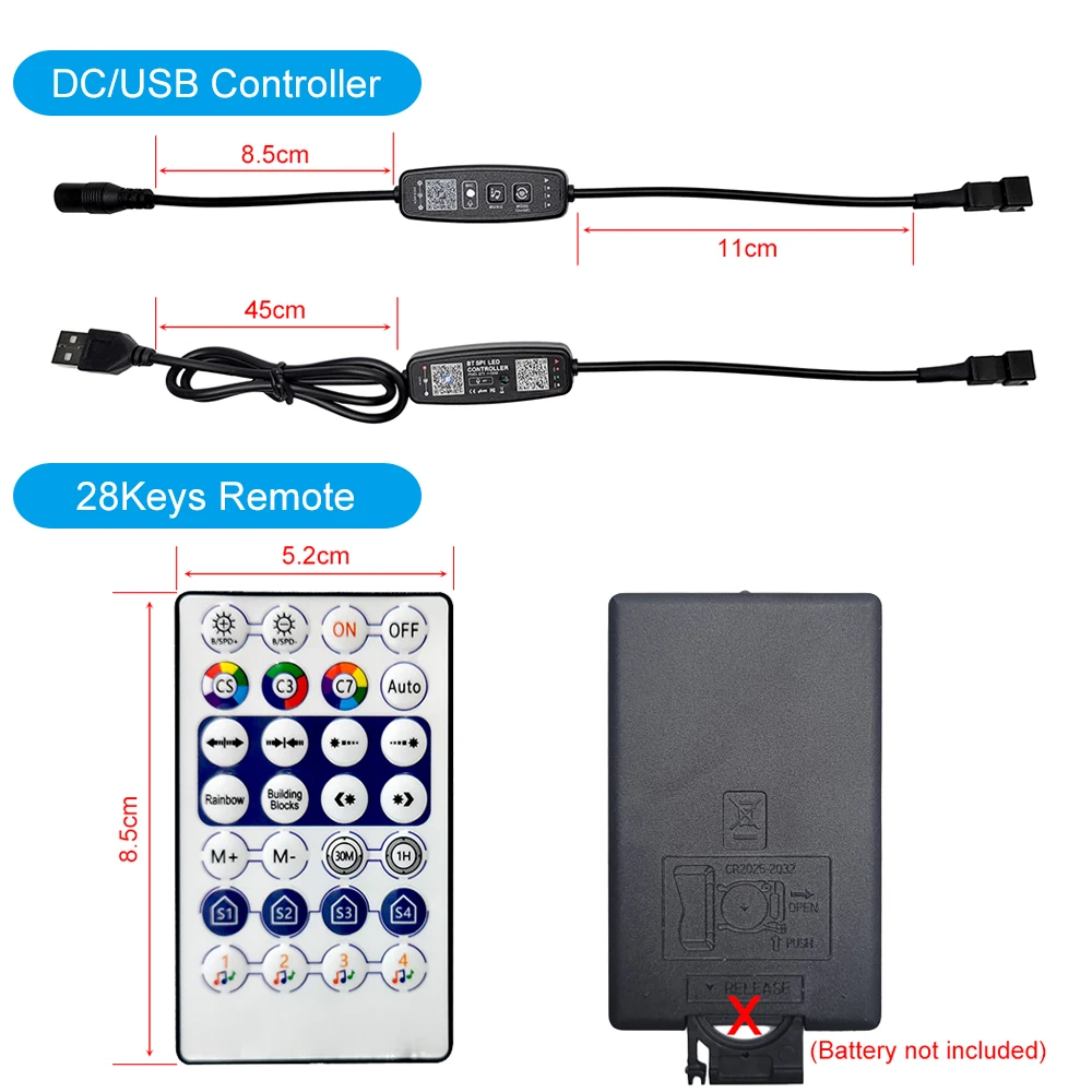 Controlador de música Bluetooth com microfone incorporado, controlo remoto de 28 teclas, Fita LED Pixel endereçável individualmente, WS2811, WS2812B