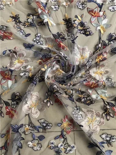 Tessuto di pizzo a rete ricamato multicolore largo 1 metro 130 cm Tessuto di tulle per abiti da donna alla moda fai da te