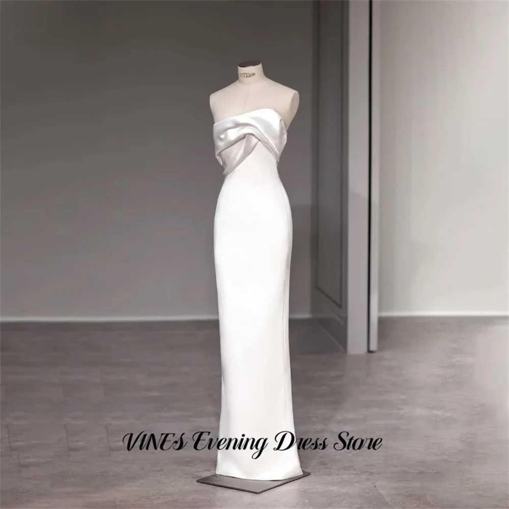 

VINES White Satin Evening Dress Strapless Party Dresses Mermaid Ruched Prom Gown with Buttoned Back robes du soir Customized