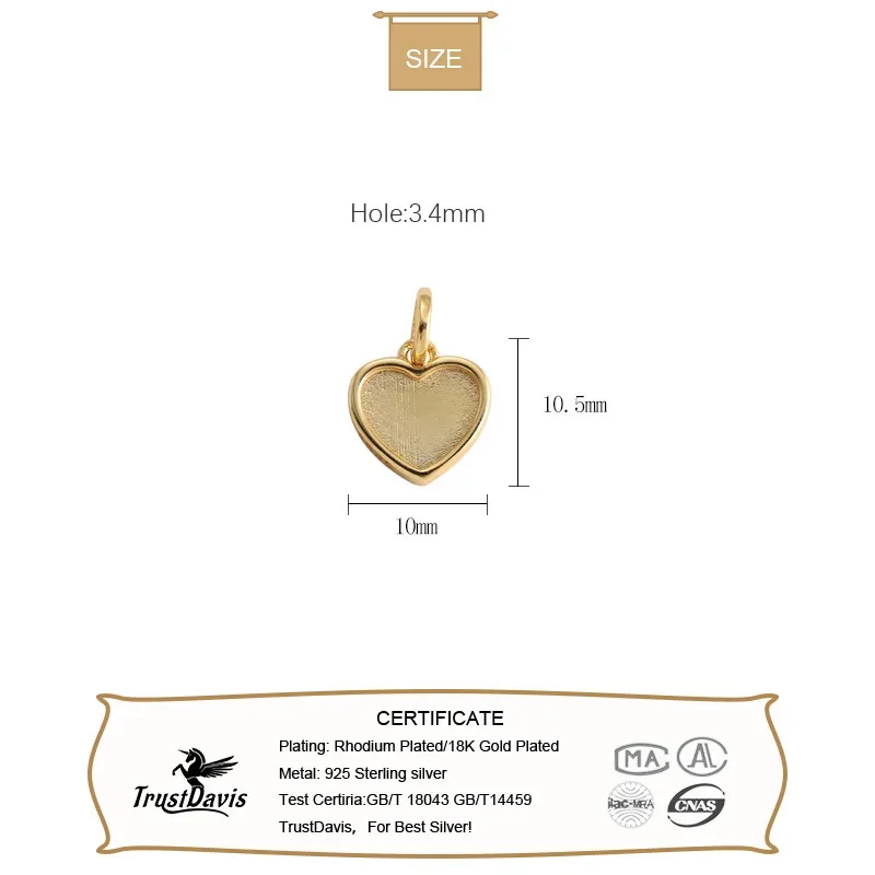 Trustdavis New Real 925 Sterling Silver Fashion Romantic Heart Charm Pendant Handmade DIY Necklace Accessories Jewelry DZ817