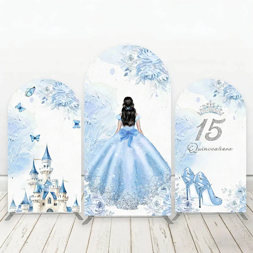 Mehofond Custom 2-Sided Quinceanera Blue Dress Castle Princess Girls Birthday Party Cover Chiara Arch Background Decor Backdrop