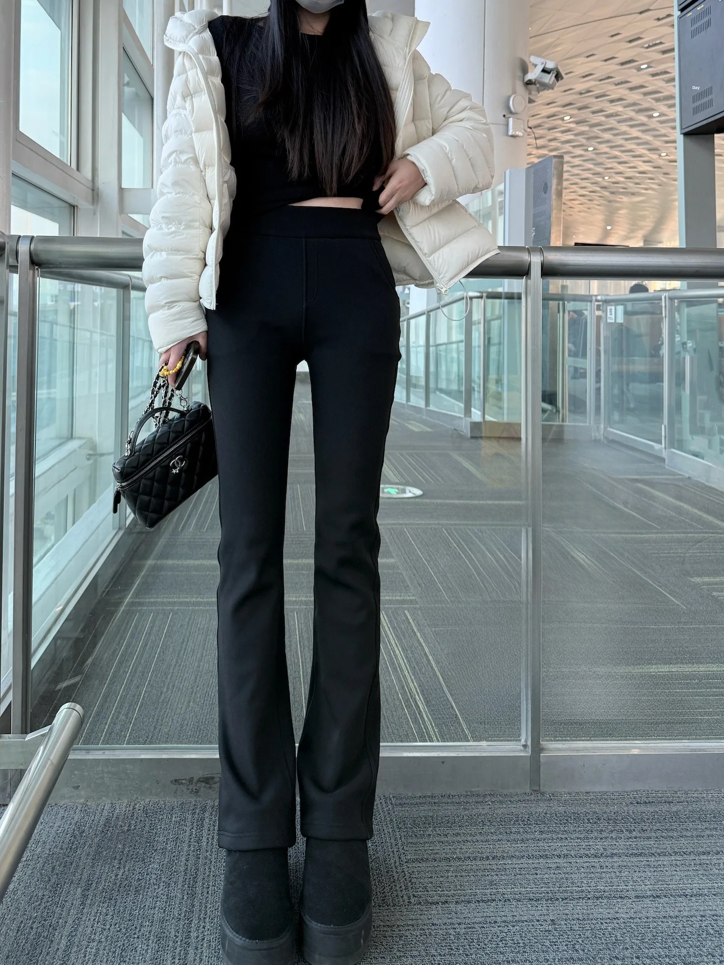 

Thickened Fleece Winter Casual Micro Flared Pants High Waist Zipper Closure Self Heating Women's High Waist Pants