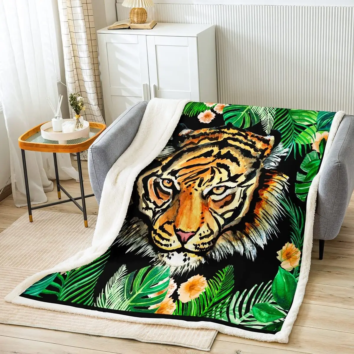 Tiger Kids Throw Blanket,Palm Leaves Tropical Plants Bed Blanket for Boys Girls Adults,Abstract Animals Fur Rustic