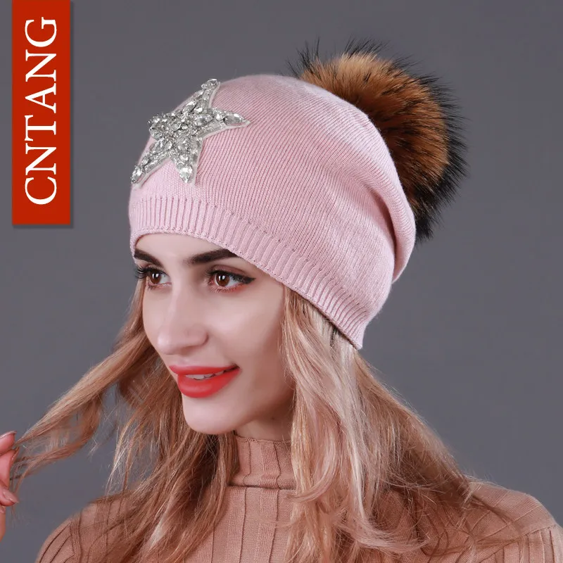 CNTANG 2024 Rhinestone Knitted Wool Hats With Natural Raccoon Fur Pom Pom Caps Autumn Winter Warm Hat For Women Fashion Beanies