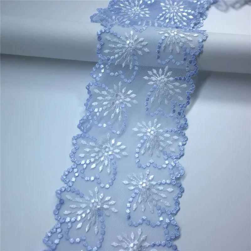 3 Yards Two Tone Embroidery Elastic Tulle Lace Trim Light Blue Lace Trimming Vintage Net Lace for Needle Work Crafts