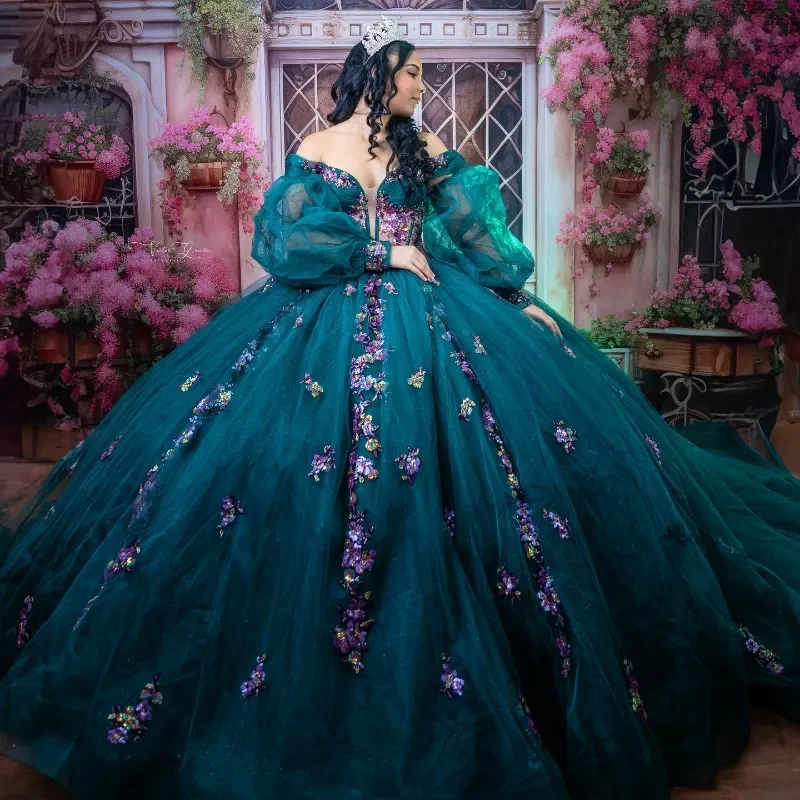 Vintage Blackish Green Quinceanera Dresses With Puff Sleeve Shinning Applique Crystal Off The Shoulder Ball Gown Tull Corset