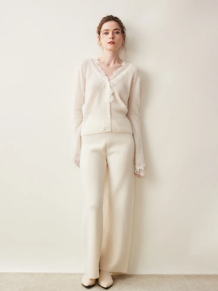 

Women's 100% Goat Cashmere Sweater Lace Design V-neck Cardigan Office Lady Grace Cashmere Knitwear Autumn Winter Chic Shirt