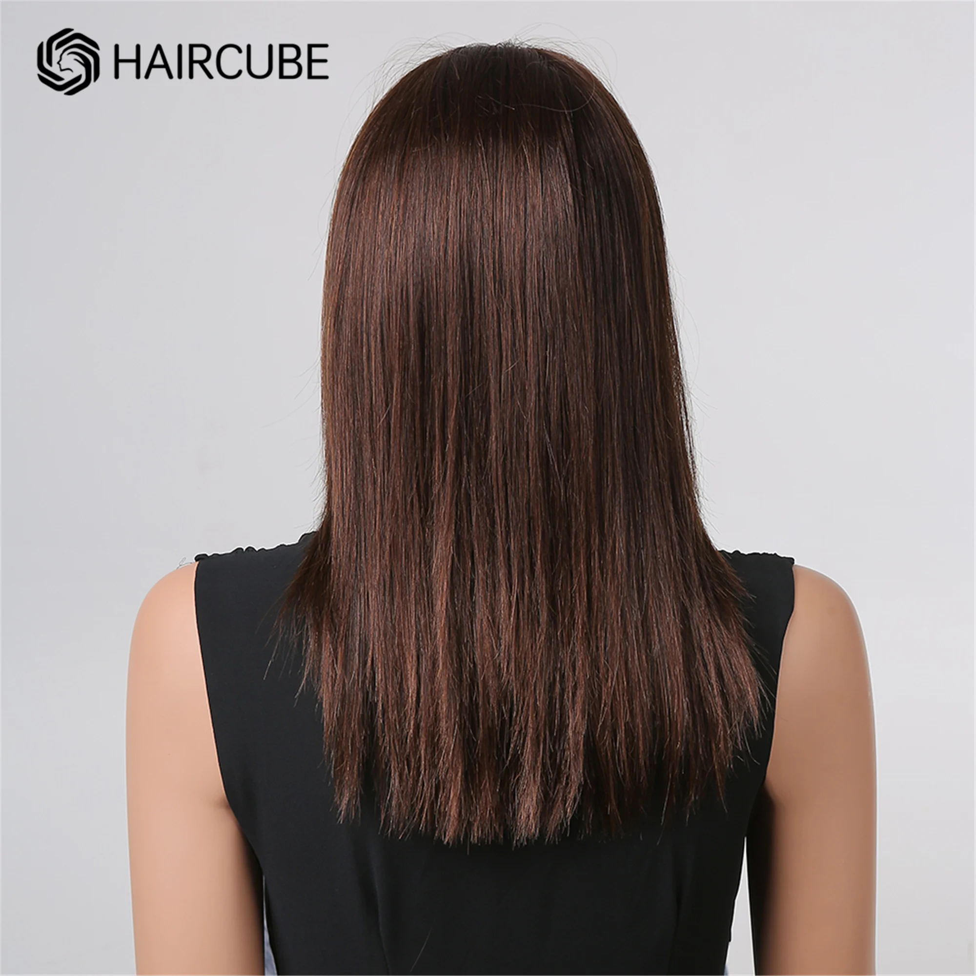 HAIRCUBE Chestnut Brown Shoulder Length Long Lace Front Human Hair Wig Middle Part Fluffy Straight Remy Hair Wigs for Women