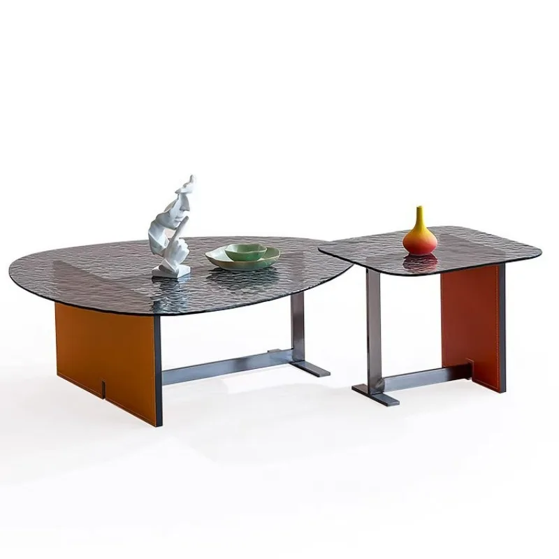 

Italian modern high-end tempered glass saddle leather special-shaped coffee table side table combination water ripple coffee tab