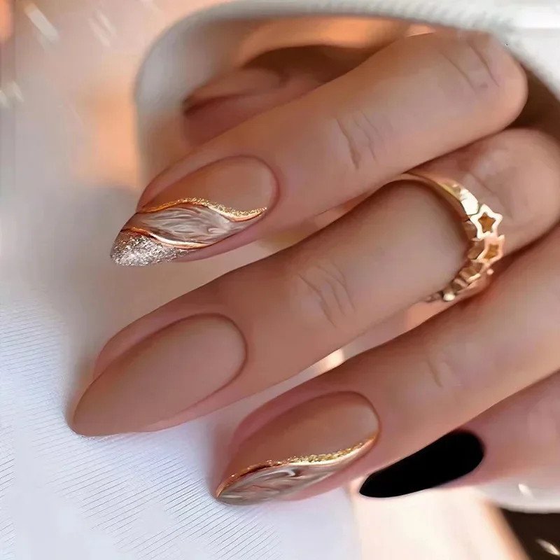 

24Pcs Mid-length False Nails with Almond Head Design Brown Gold Lines Fake Nails Oval Wearable French Press on Nail Tips