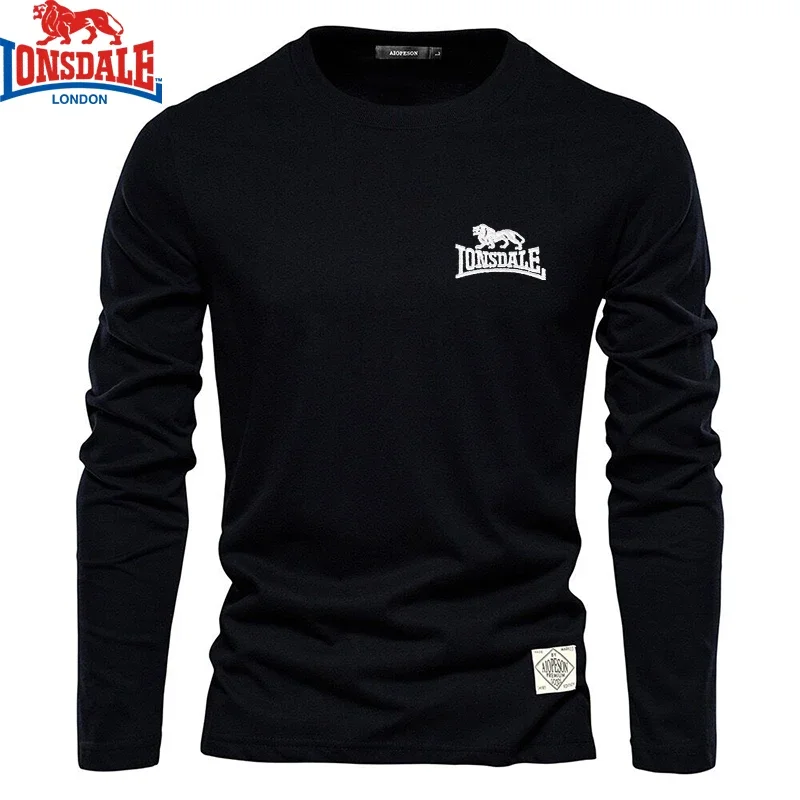 Camiseta bordada LONSDALE de manga larga con cuello redondo de algodón puro 100% para deportes al aire libre informales de alta calidad para hombres