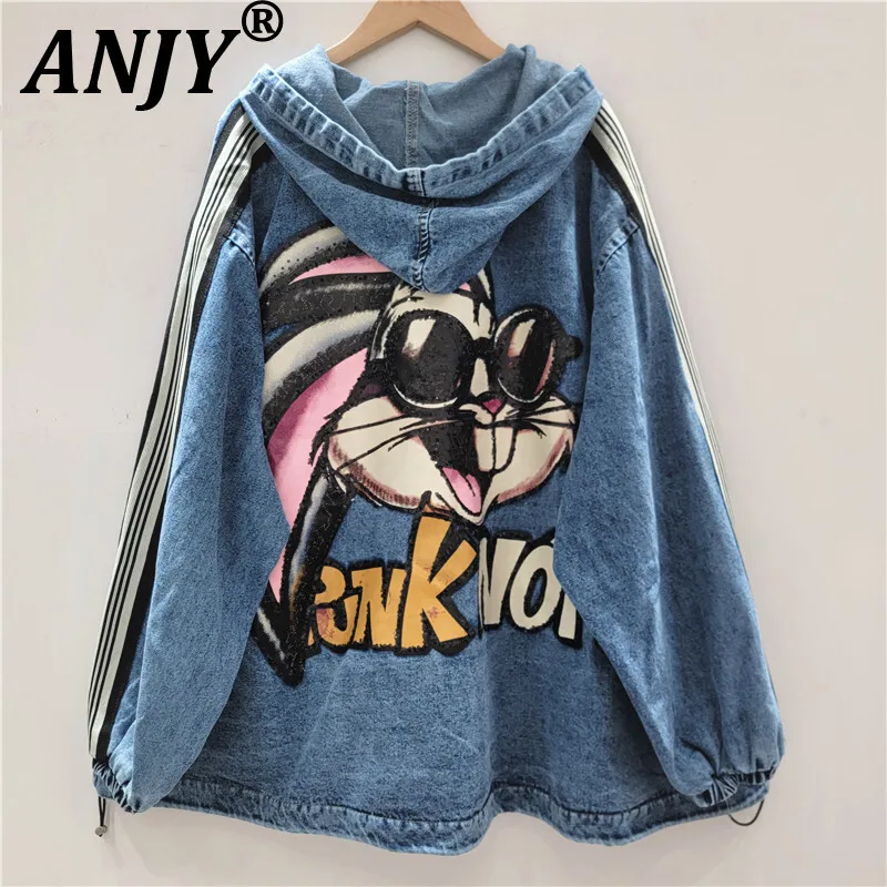

ANJY Autumn New Women Streetwear Chic Cartoon Printed Pocket Contrast Color Coat Casual Stylish Zipper Hooded Denim Jacket A8518