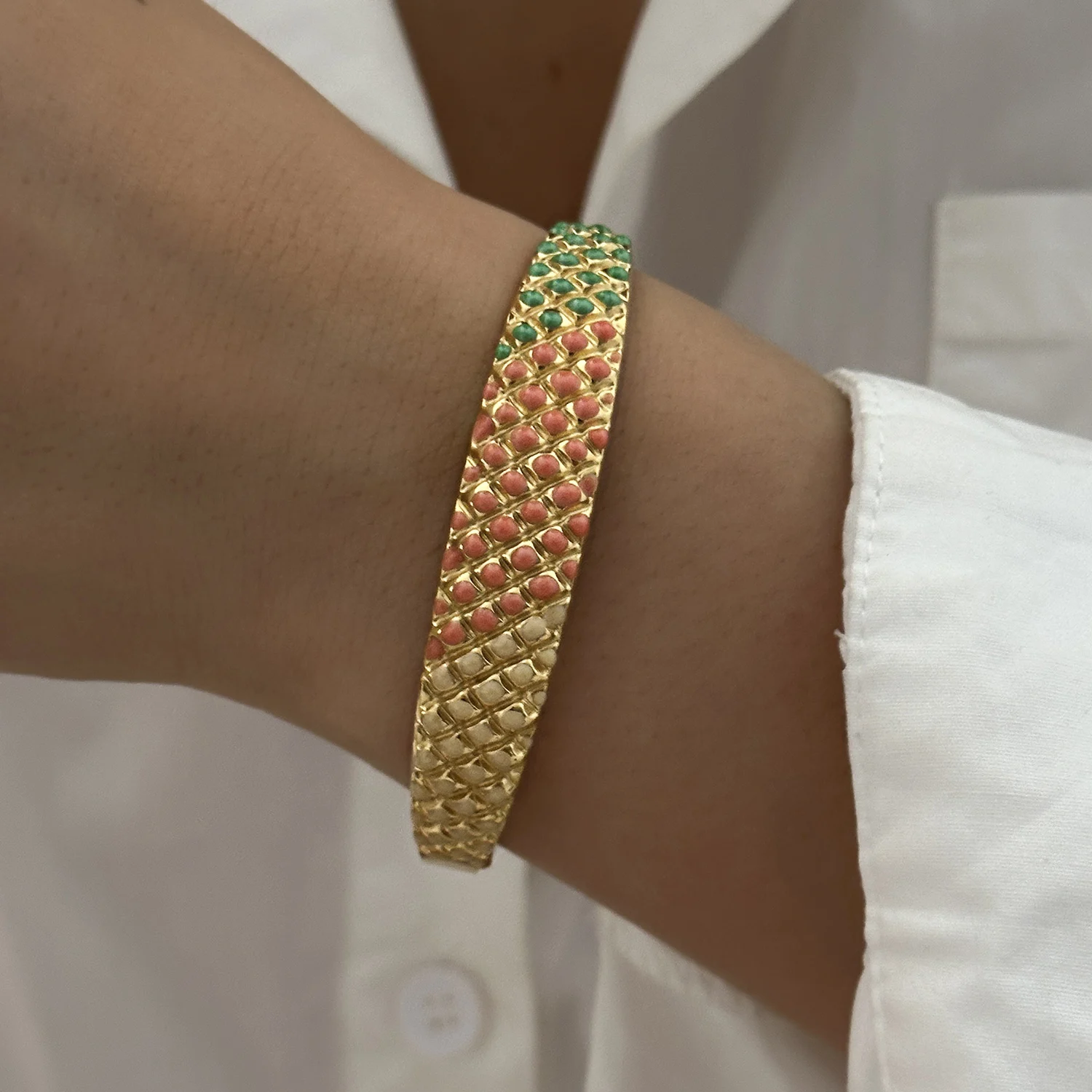 

Vintage Colorful Enamel Bangle For Women Gold Plated Stainless Steel Cubic Zirconia Geometric Bracelet Party Daily Jewelry Gift