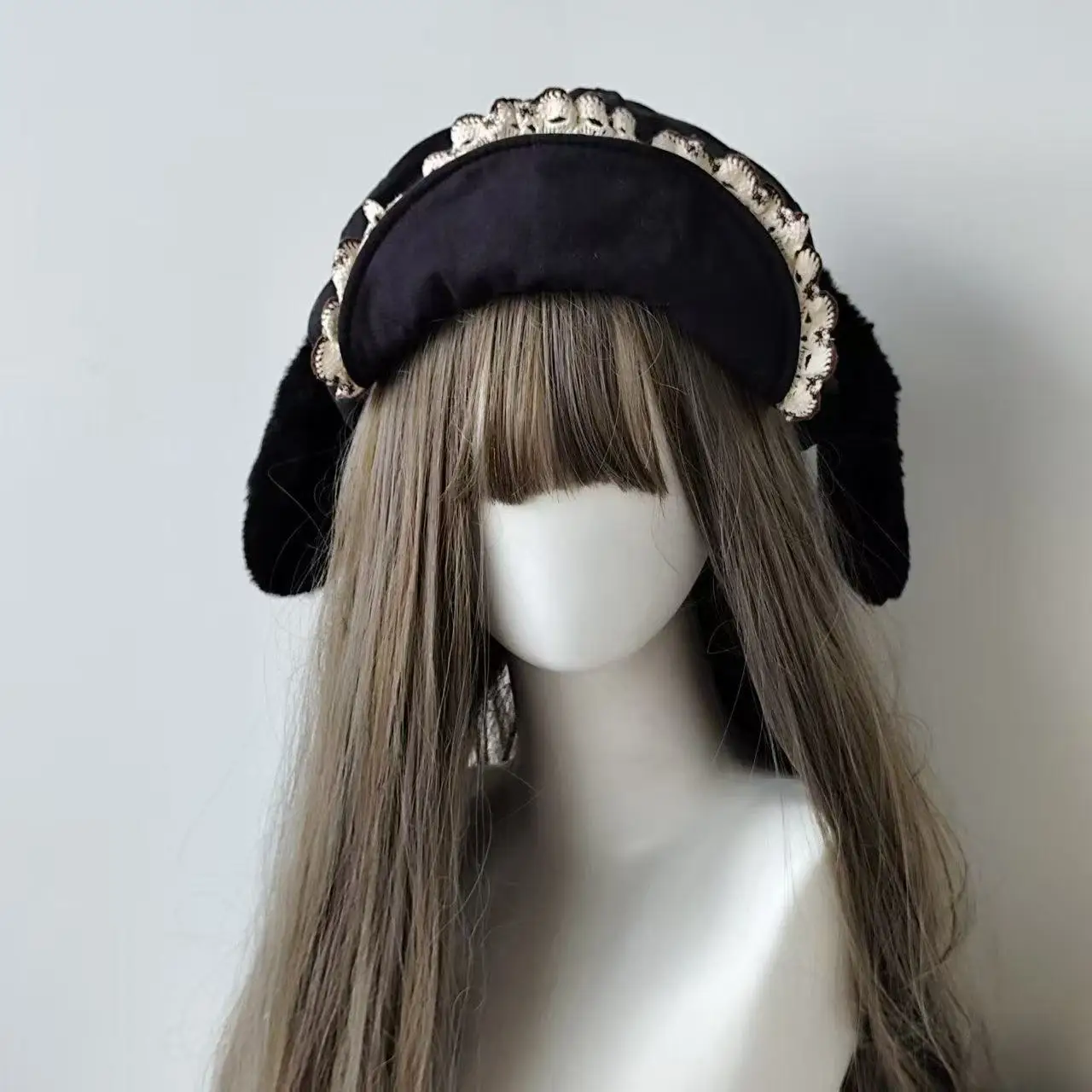 Béret gothique Lolita Harajuku Y2K pour fille, en peluche polaire, avec oreilles à pois, chapeau japonais Kawaii en dentelle, casquettes pour femmes, chapeaux de Cosplay
