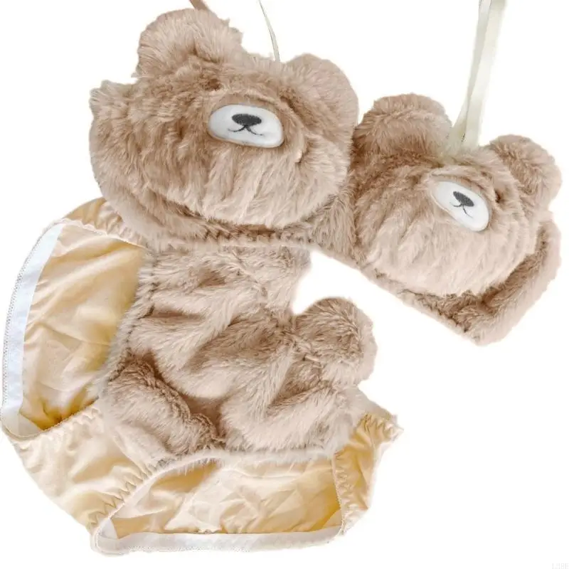 

L38E женское нижнее белье с милым медведем для девочек-подростков, комплект из 2 предметов, плюшевый бюстгальтер и трусики,