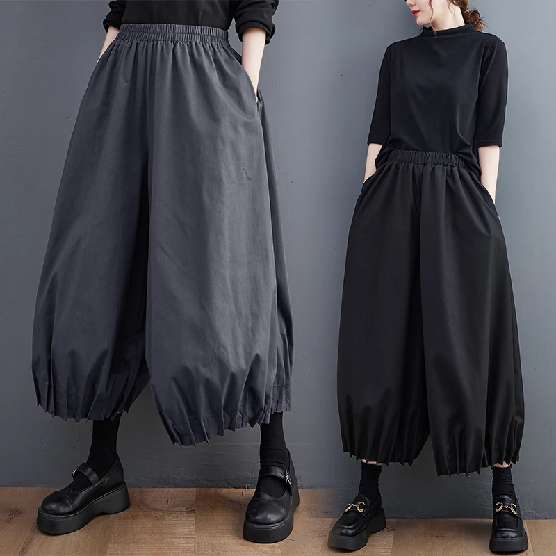Dark Wide Leg Pants Autumn New Style Casual High Waist Straight Leg plus Size Fashionable Black Color All-Match Leisure Trousers