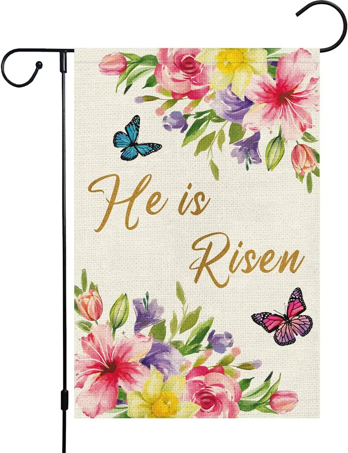 

Easter Garden Flag 12x18 Double Sided Burlap Small He Is Risen Floral Easter Flags Sign Welcome Spring Flowers Butterfly Outdoor