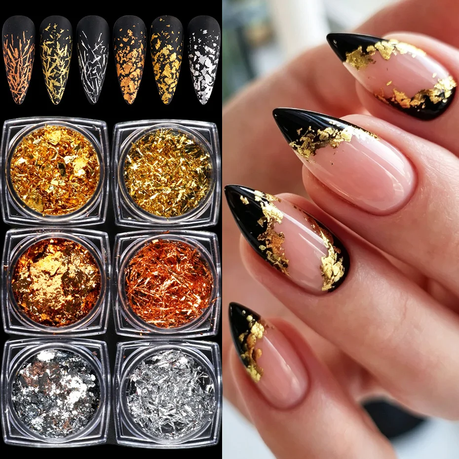 6 Boxen Metallische Nagelfolien-Flocken Gold Silber Champagner Gold Unregelmäßige Folien-Pailletten Nagelkunst-Dekorationen für Herbst-Nageldesign