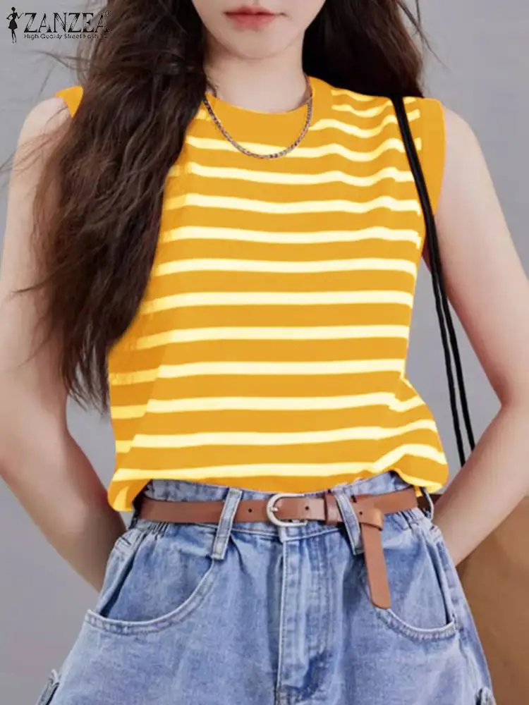 Fashion Women Sleeveless Blouse ZANZEA Summer Stripe Tops Tunic Femme Casual Knitting Blusas Streetwear Elegant OL Work Shirt