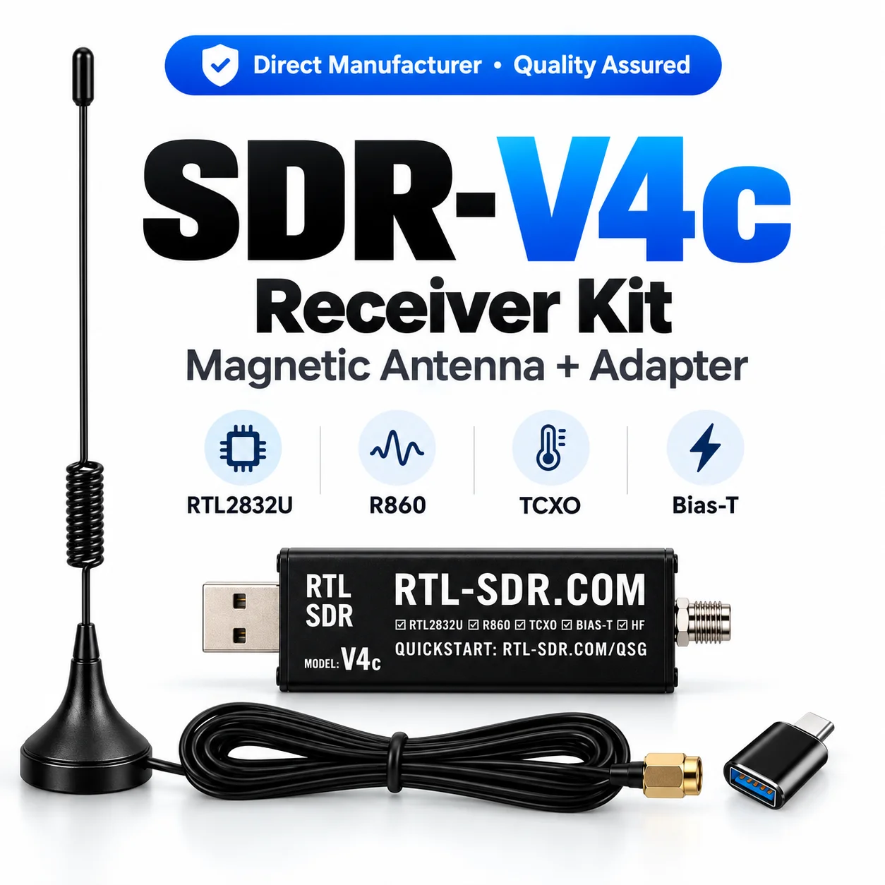 SDR-V4c USB SDR Receiver 500kHz-1.7GHz RTL2832U R860 TCXO Bias-T HF, Magnetic Antenna 3m Cable + USB-C Adapter