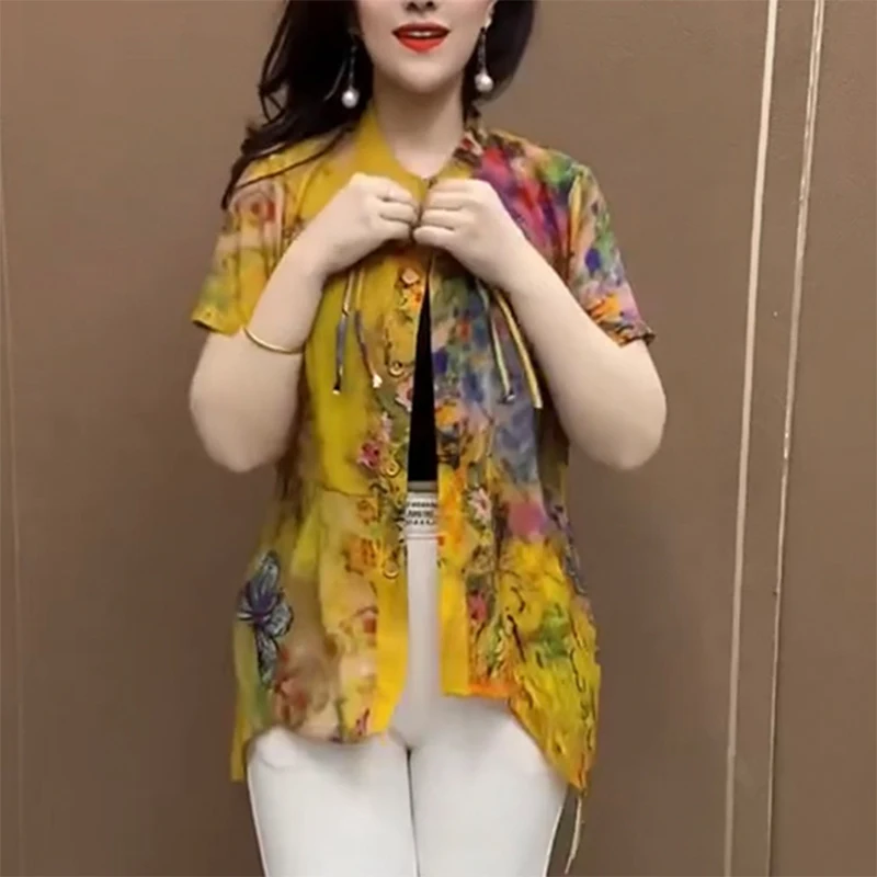 summer new Chinese style vintage irregular printing shirt ladies short sleeve temperament patchwork pullover top women oversized