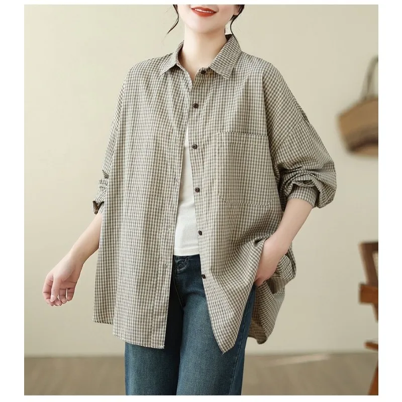 Chemise ample à carreaux pour femmes, vêtements d'extérieur d'automne, revers décontracté, manches longues, boutons, Cardigan, haut polyvalent