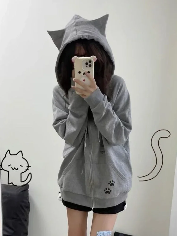 HOUZHOU Kawaii Sweet Gothic Hoodies Women Japanese Style Y2k Harajuku Cute Cartoon Print Zipper Hooded Loose Sweatshirt 2024