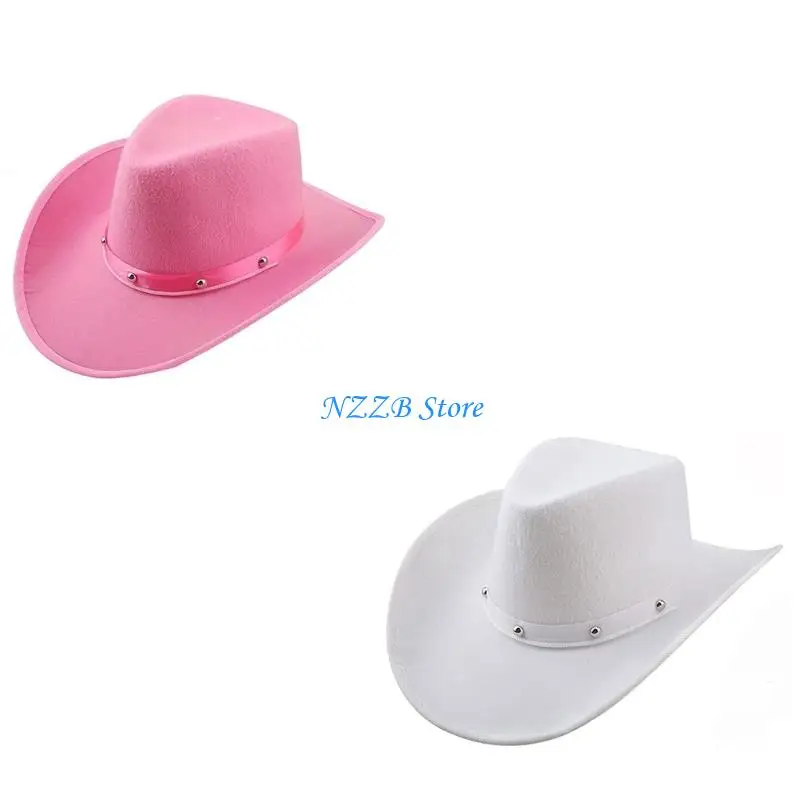 

T21F Breathable Cowboy Hats Studs Adjustable Ribbon Band White Pink Color Western Theme Party Outdoor