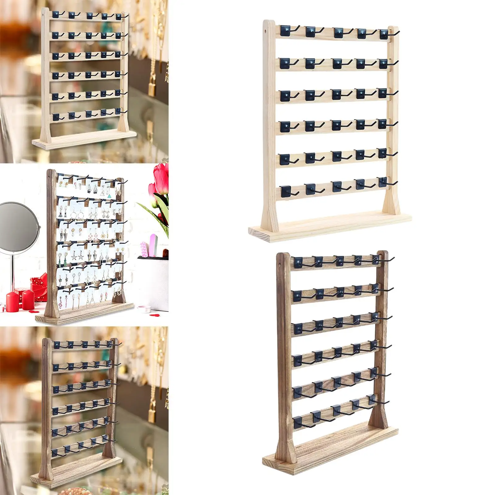 Wooden Earrings Display Stand Jewelry Organizer Holder 6 Tiers Removable Hooks Earrings Storage Rack for Women Girls Gifts