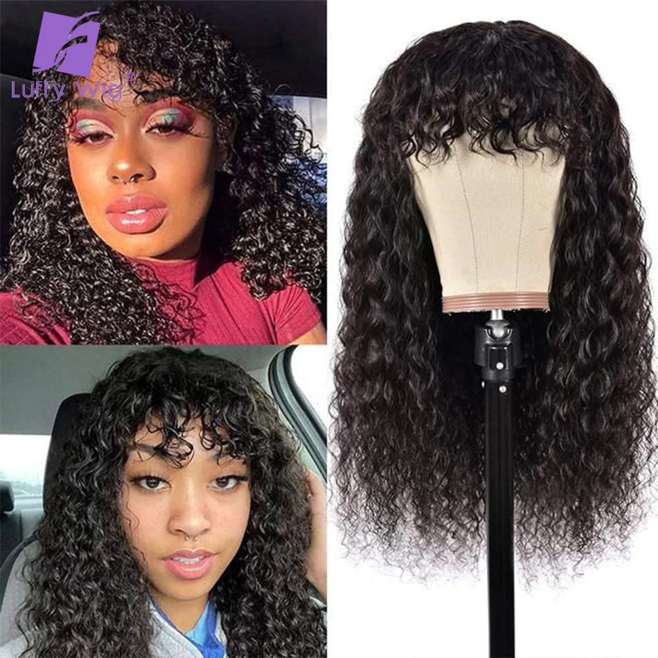 Loose Curly Wig With Bangs Machine Made Silk Scalp Top Wigs 180Density Deep Wave Fringe Bang None Lace Remy Brazilian Human Hair