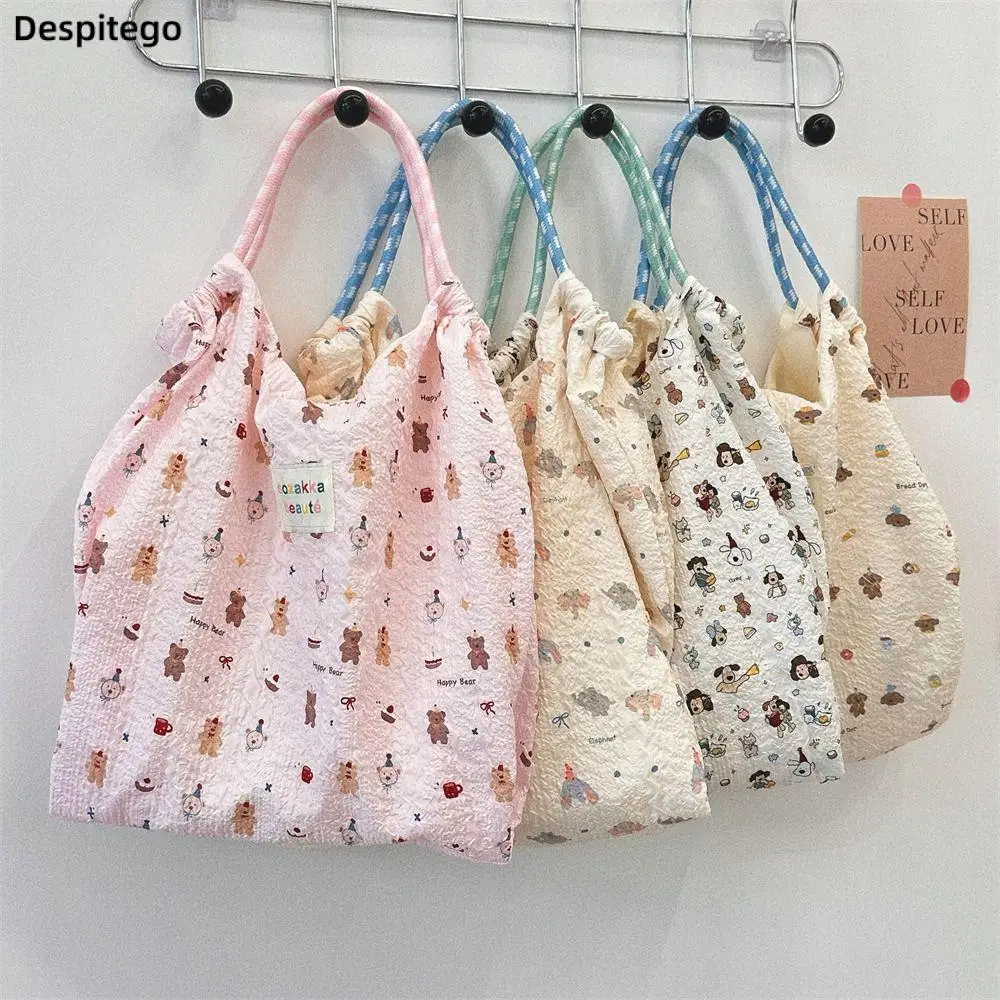 Korean Style Cartoon Puppy Printing Drawstring Handbag Ladies Vacation Tote Bag Student Shoulder Bag Shopping Bag