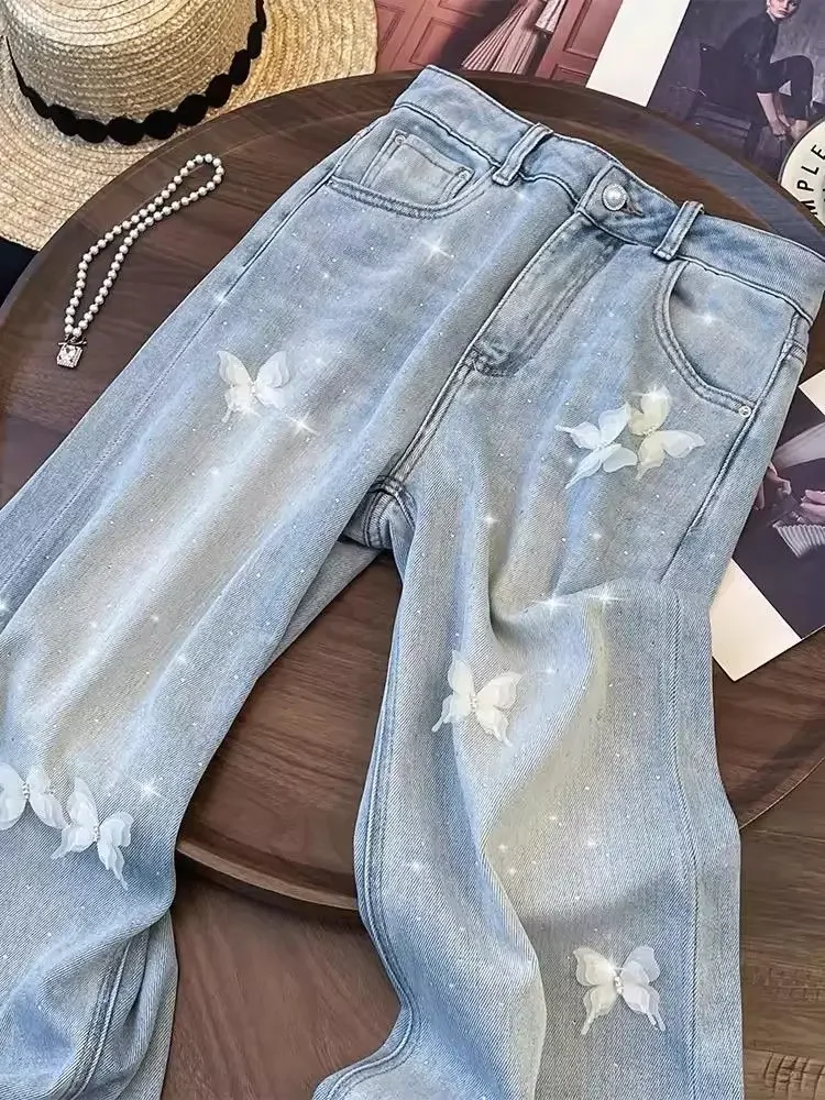 

Vintage Light Blue Hot Diamond Butterfly Printed Jeans women High Waist Wide Leg Denim Pants Streetwear Aesthetic 90s Trousers