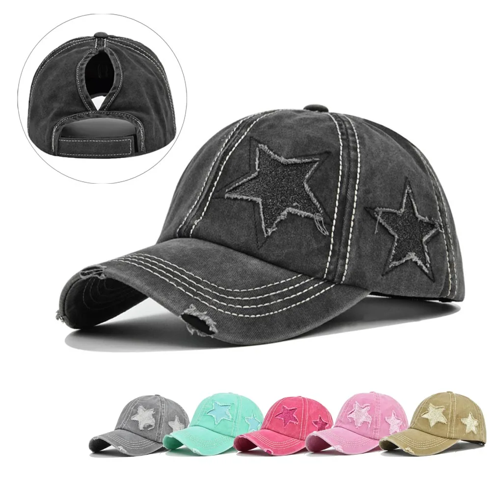 Women Ponytail Baseball Cap Washed Cotton Sun Hat Female Pentagram Sequins Hip Hop Snapback Hats Adjustable Sport Golf Hat Gorra