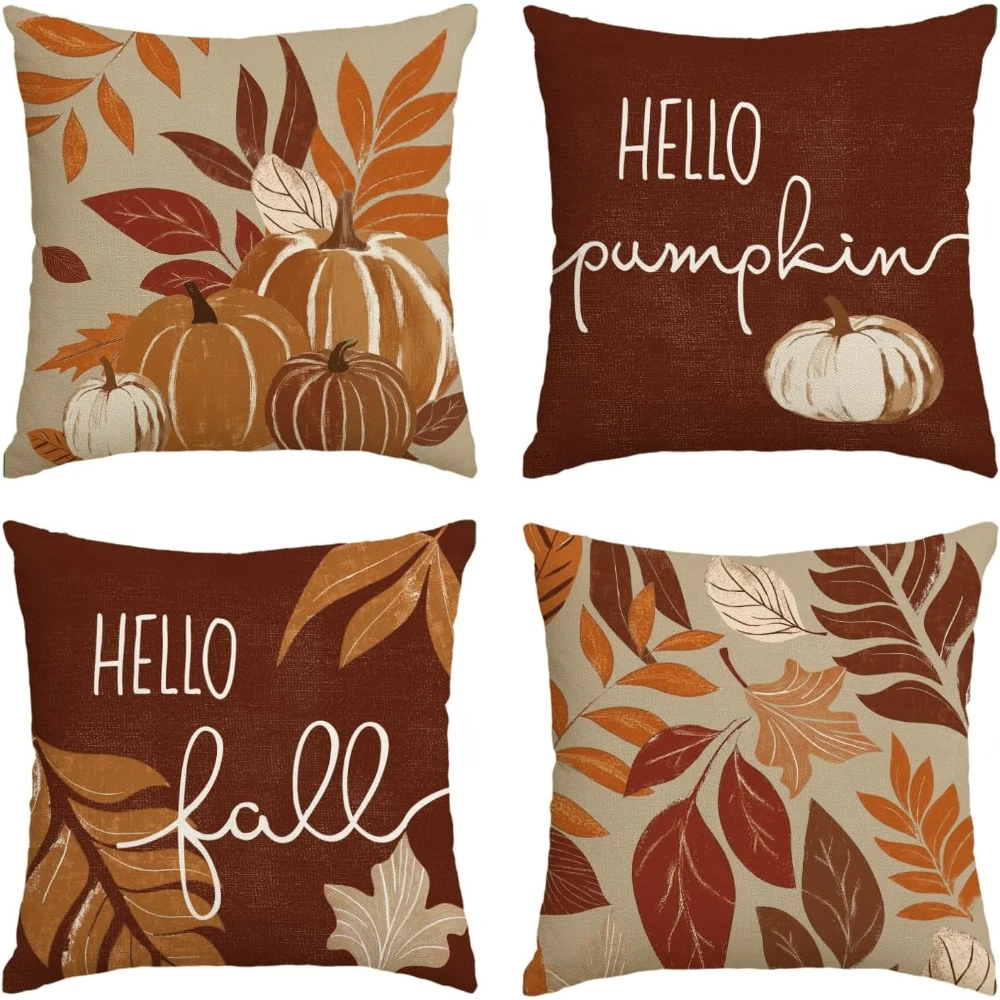 

Чехлы на подушки «Hello Fall Тыквенные листья», 18 x 18 дюймов, сезонные наволочки для урожая на День Благодарения, украшение для дивана