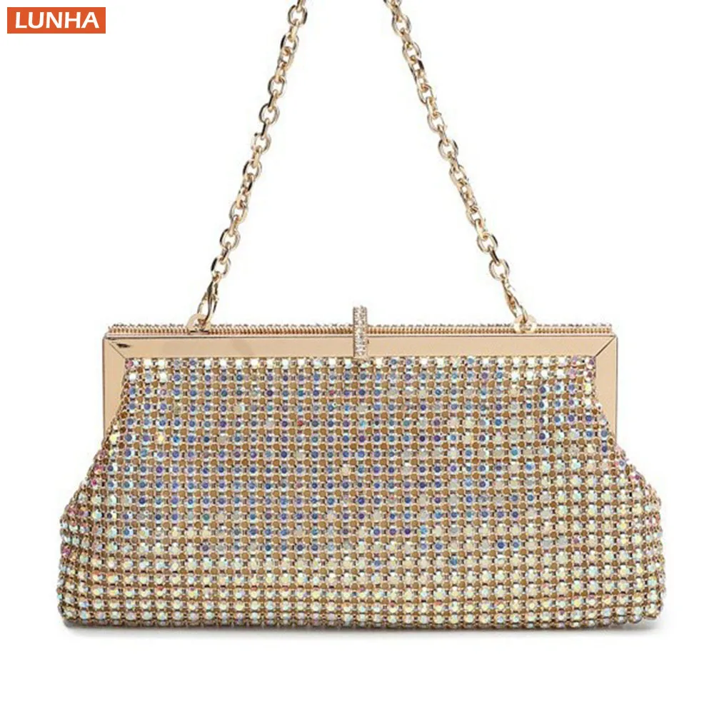 

Women Luxury Evening Clutch Frame Bag Sparkling Crystal Shoulder Purse Lock Closure Party Handbag with Detachable Chain