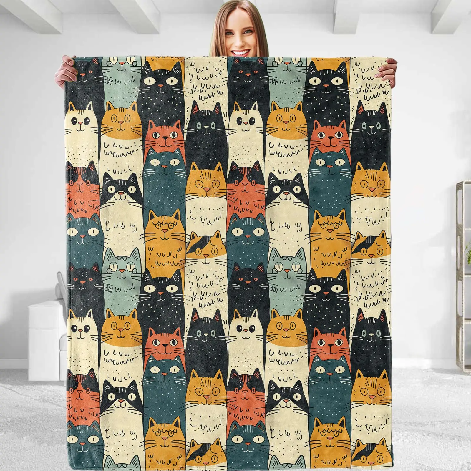 Doodle Kitten Blanket Vintage Hand Drawn Cat Pattern Throw Couch Cover Sketch Animal Plush Blankets Living Room Sofa Bedding