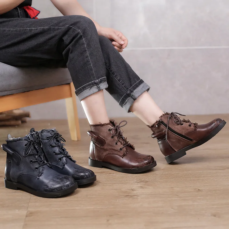 Careaymade-Genuine leather Casual Boots Women's Boots large head retro colored short boots Women made old Korean spot boots