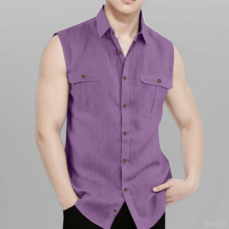 Men\'s Linen Shirt Summer Shirt Beach Top Black Wine Blue Sleeveless Solid Color Hawaiian Tee Collar Sweatshirt Clothing