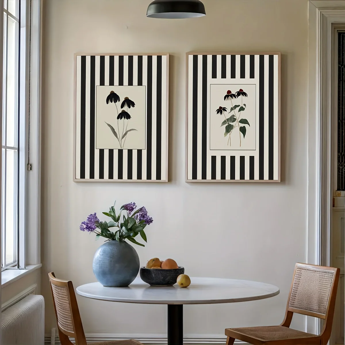 

2 Pcs Floral Striped Black and White Wall Art Dark Pastoral Style Plant Flower Frameless Art Print, Melancholy Autumn Decoration