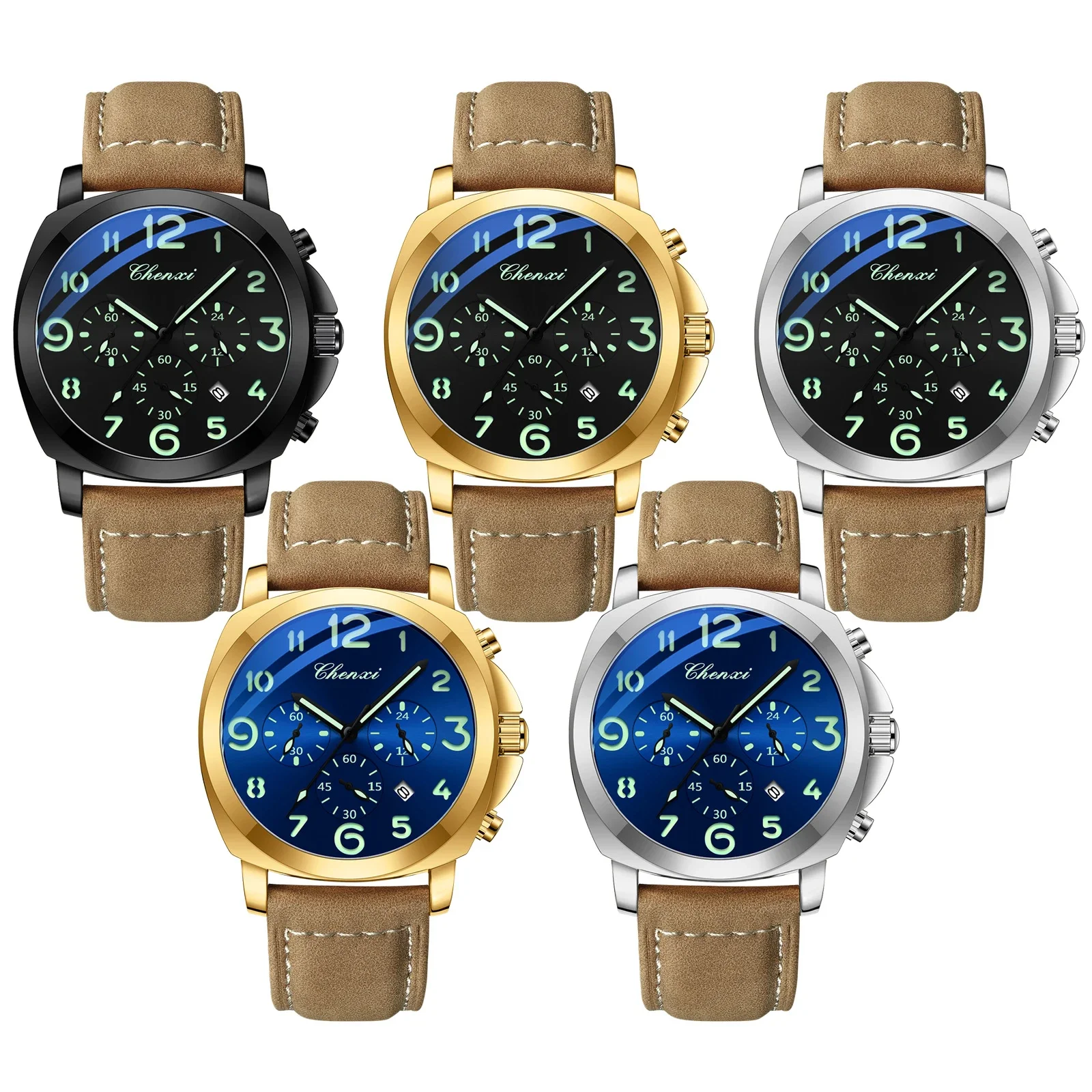 CHENXI العسكرية الرياضية الفاخرة ساعة كوارتز رجالية مقاوم للماء مضيئة كرونوغراف تاريخ حلقة من جلد ملابس مريحة Reloj