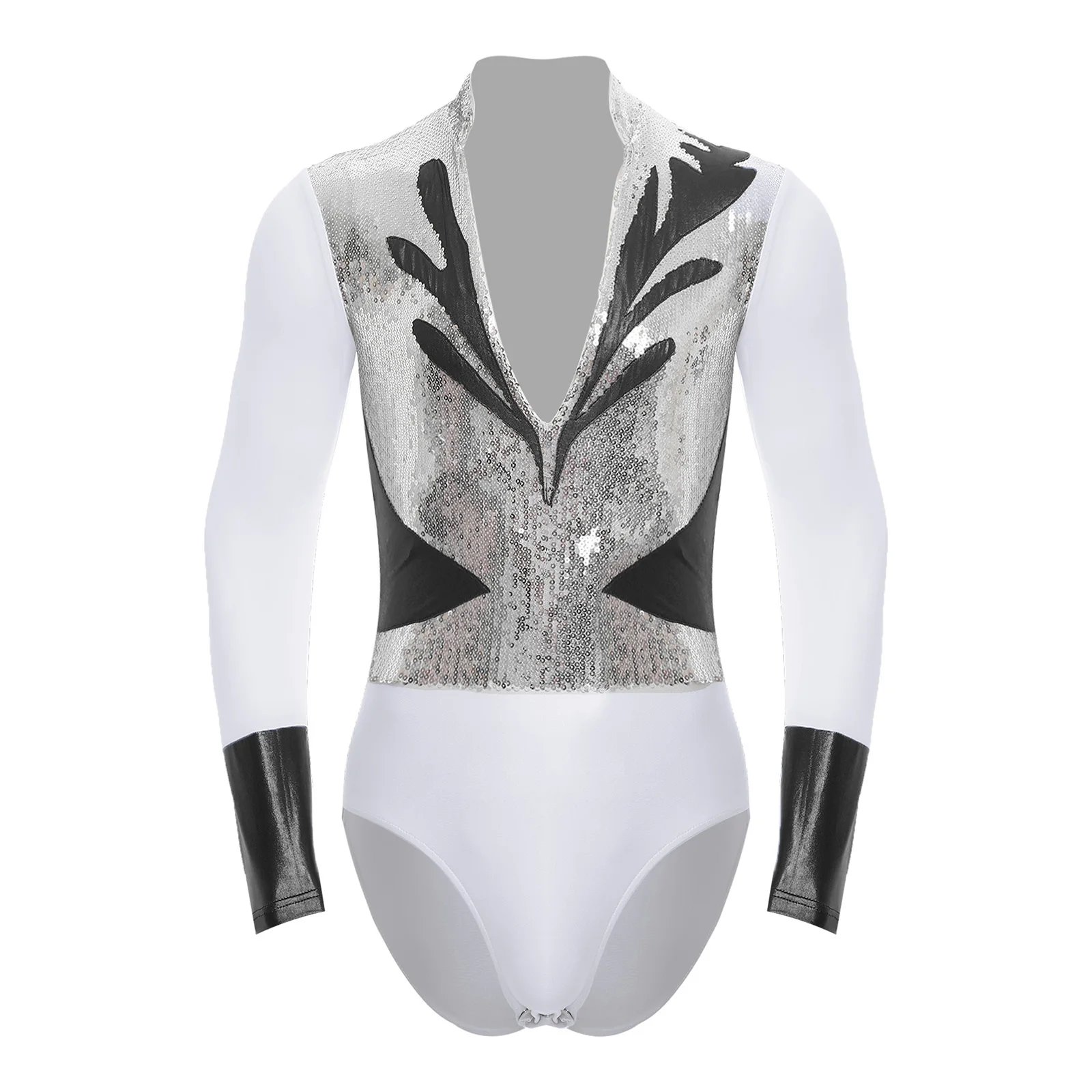 Body de patinaje artístico para hombre de grado profesional con retales de lentejuelas metálicas y diseño de cuello en V para actuación de danza de Ballet