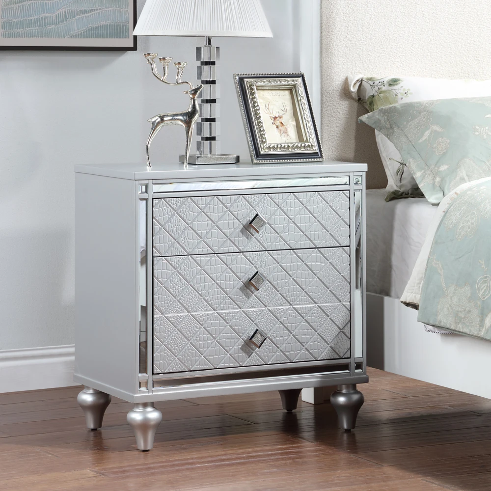 

Nightstands with Mirror Frame Accents, Bedside Table with 2 Drawers and 1 Hidden Drawer, End Table with Crystal Pull for bedroom