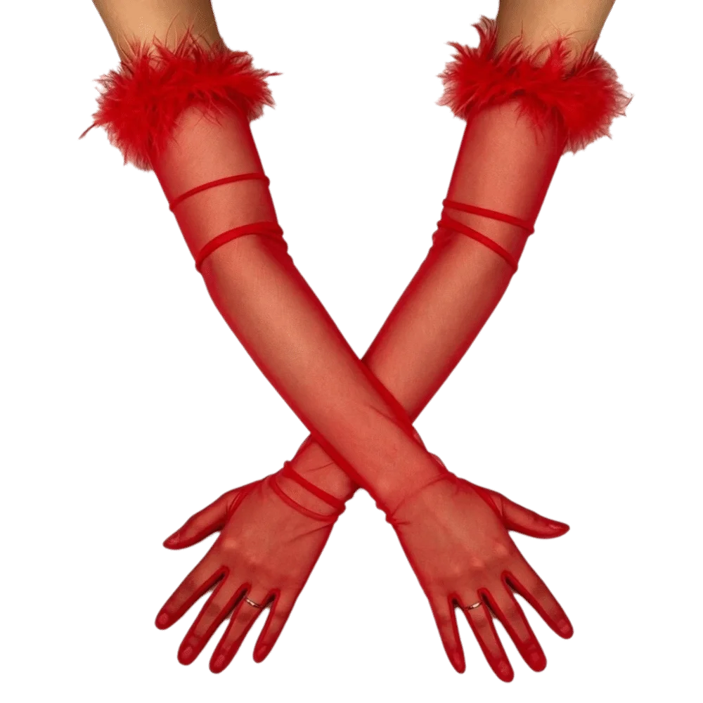 Elegant Silk Feather Gloves Transparent Mesh Long Gloves 55CM Thin Mesh Mittens NightClub