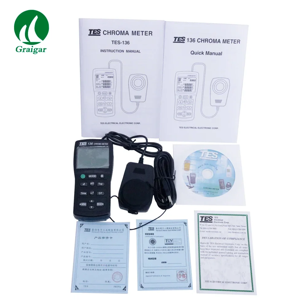 TES-136 Digital Chroma Meter Illuminometer Meter with Data Logger Function TES136