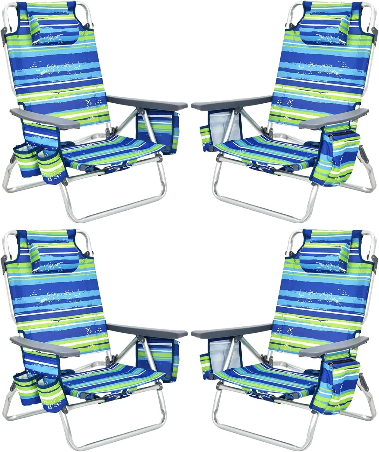 

Set of 4 Backpack Beach Chair 5-Position Lay Flat Beach Chairs with Cooler Bag 2 Cup Holders Towel Bar Lightweight Low Folding