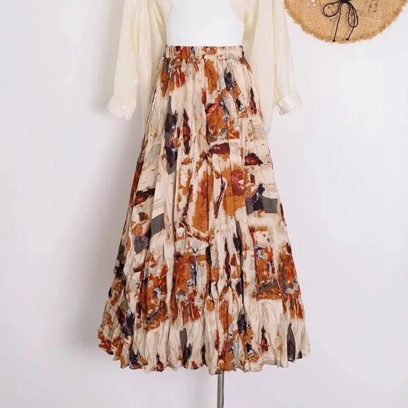 

Maillard Coffee High-waisted A-line Skirt for Women Retro Versatile Pleated Mid-length Floral Skirt